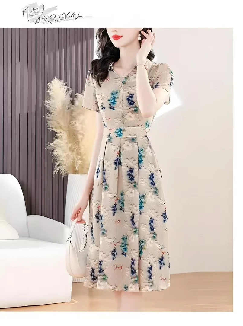 A字裙夏季碎花真丝桑蚕丝复古中长款高端休闲【201-290】连衣裙裙子