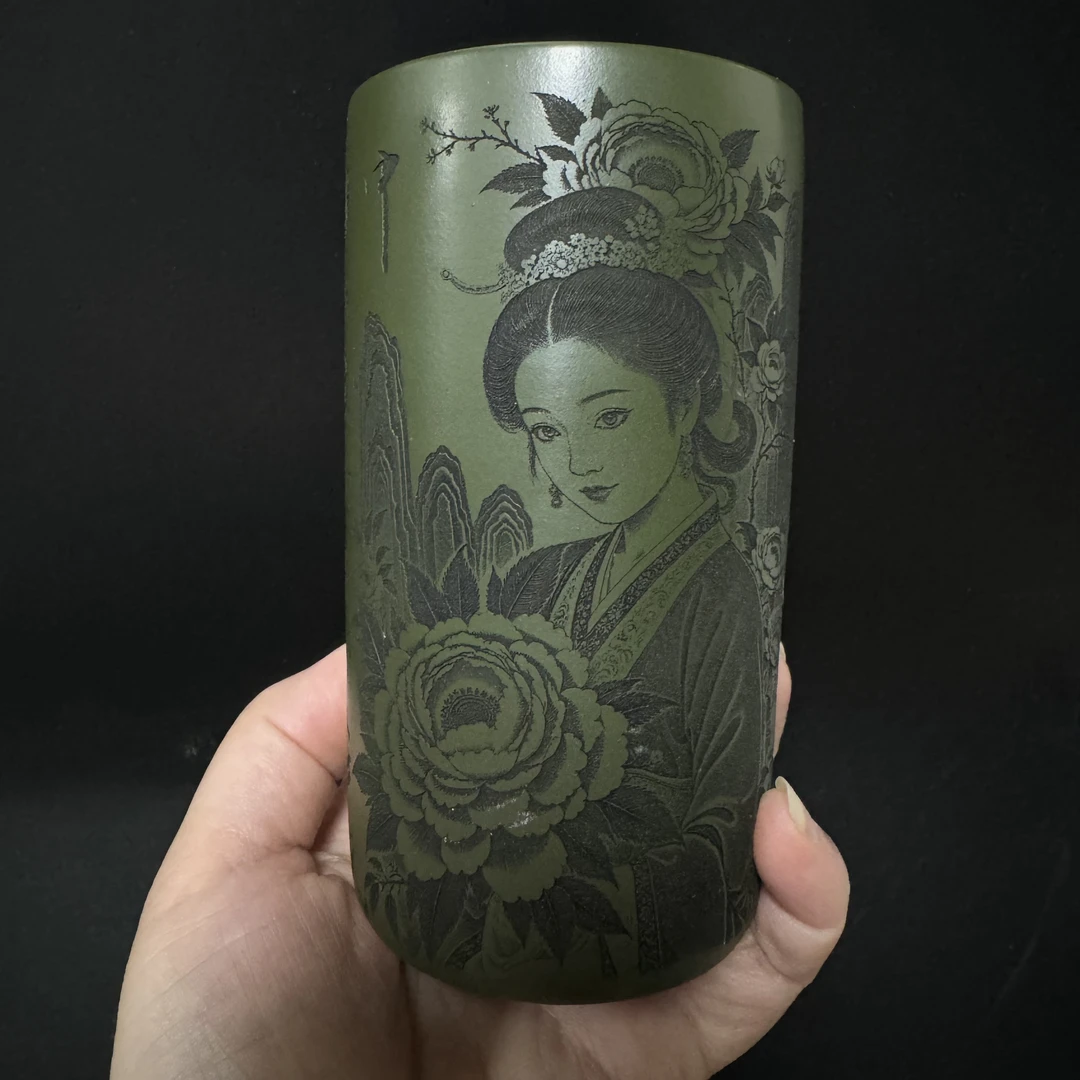 原矿紫砂绿泥主人杯宜兴手工刻绘李煜虞美人笔筒杯250cc直筒