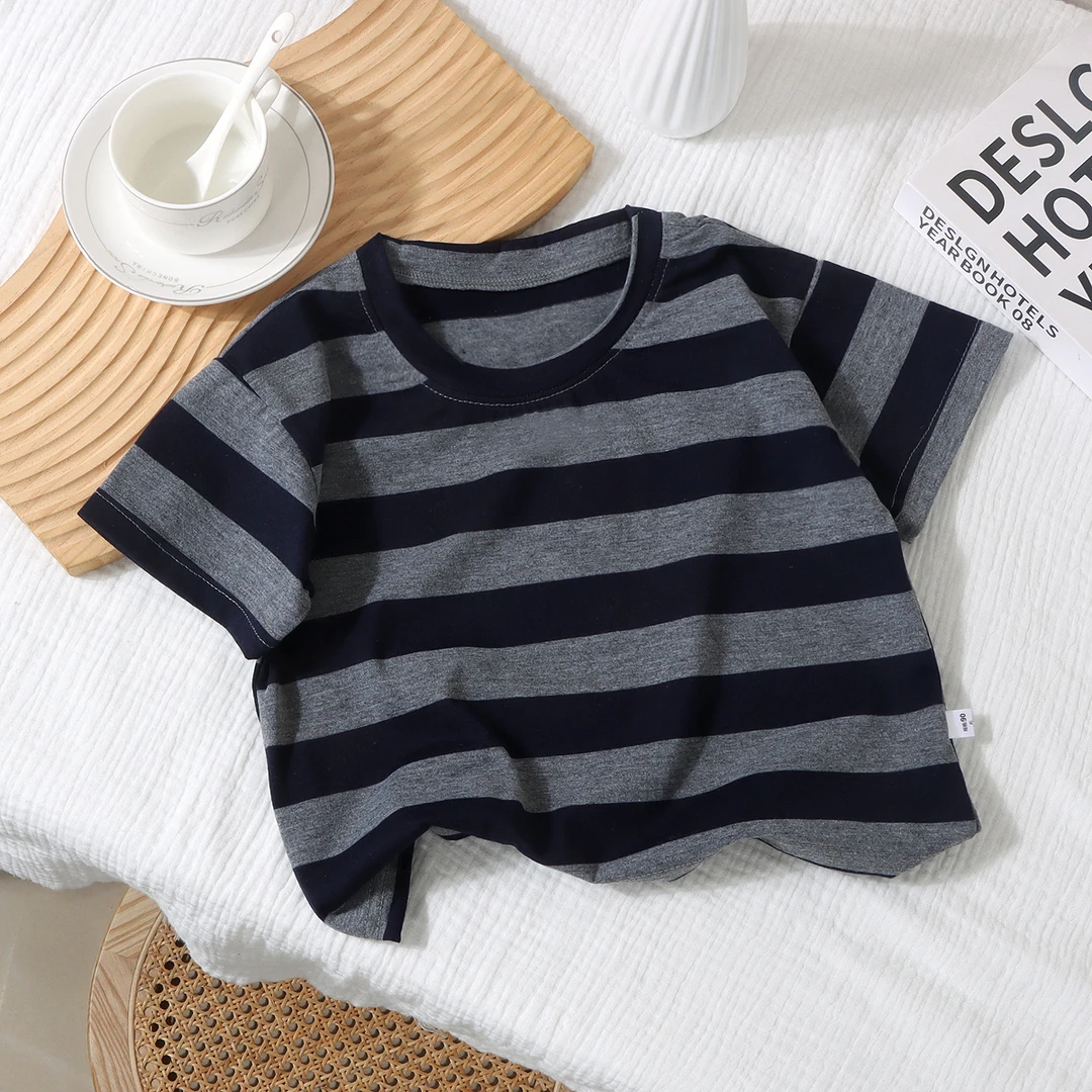 儿童短袖T恤男童宽松打底撞色条纹宝宝洋气女中大童欧若风上衣