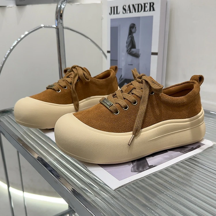 欧货磨砂皮面包板鞋女2025秋新款松糕厚底增高软底复古运动休闲鞋