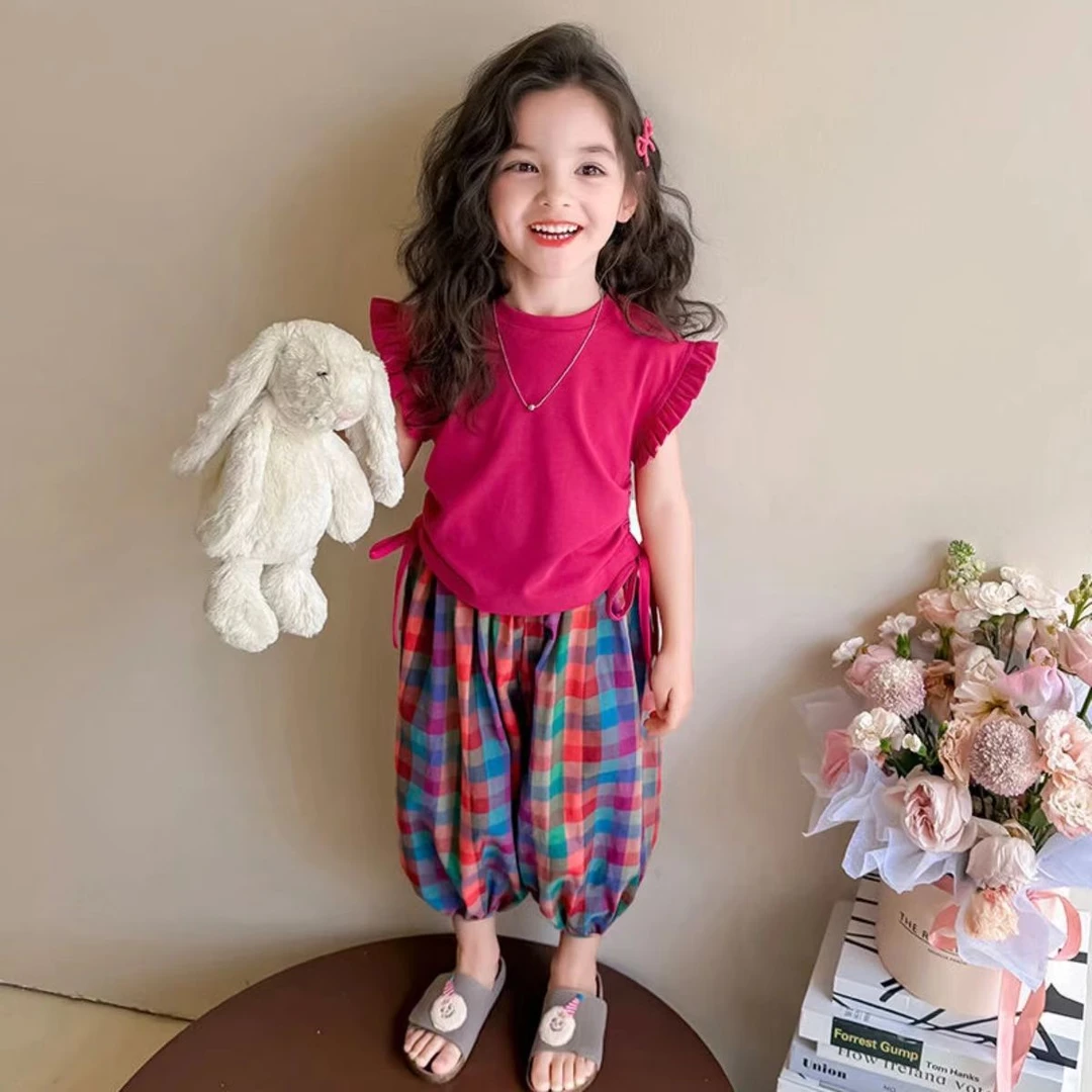 女童夏季飞袖短袖上衣搭配格子束脚防蚊裤时髦套装