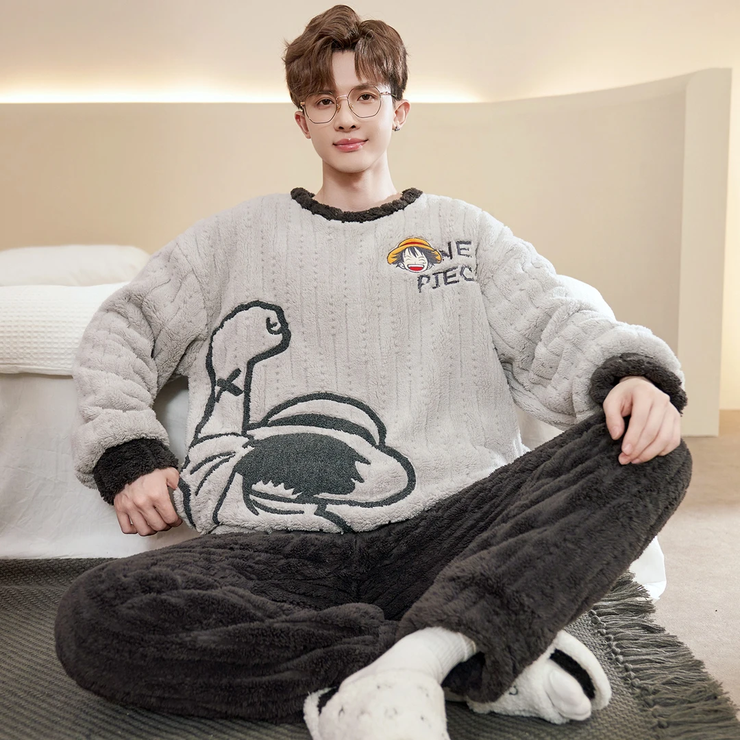 冬季加绒加厚珊瑚绒男士睡衣男款冬天青少年学生卡通家居服秋冬款