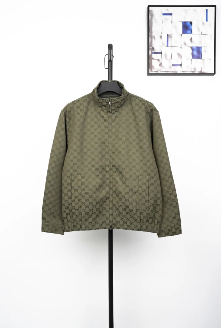 G家字母森林绿夹克外套夹克常规款保暖长袖立领时尚提花拼色四季