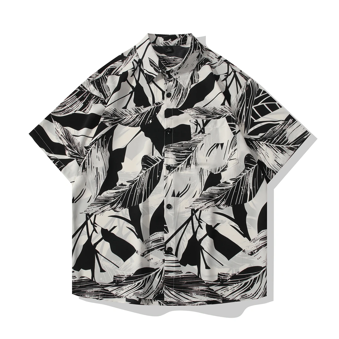 满印清新复古国风薄款夏季宽松男士冰丝花衬衫短袖男港风休闲男装