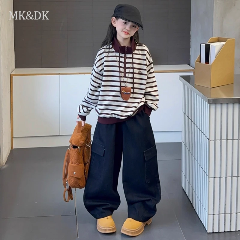MK&DK女童秋装条纹卫衣2025新款洋气女孩POLO衫中大儿童秋季上衣