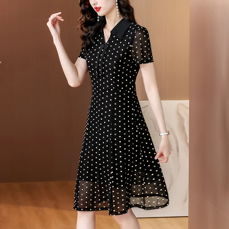 现货2025春夏季新款韩版圆点收腰显瘦连衣裙