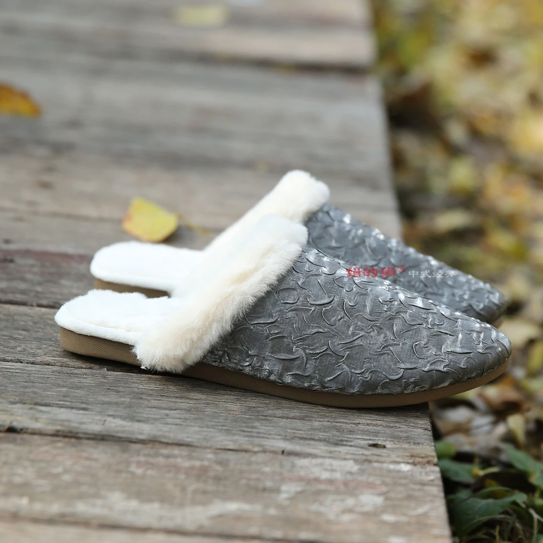 新中式国风加绒保暖棉拖鞋冬季女士居家静音包头拖防滑毛绒妈妈鞋