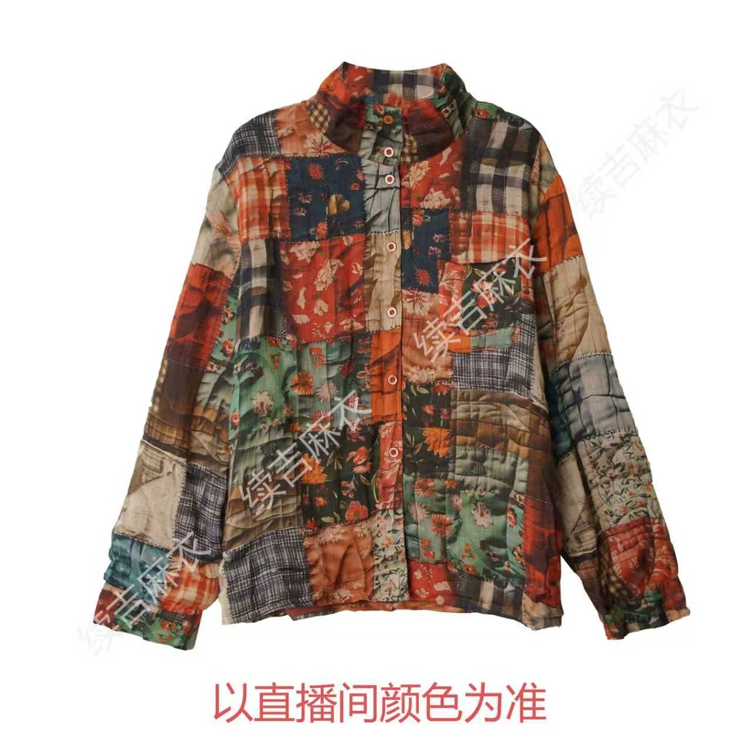 秋-续吉麻衣25-2192苎麻宽松长袖单排扣印花休闲双层衬衣外套
