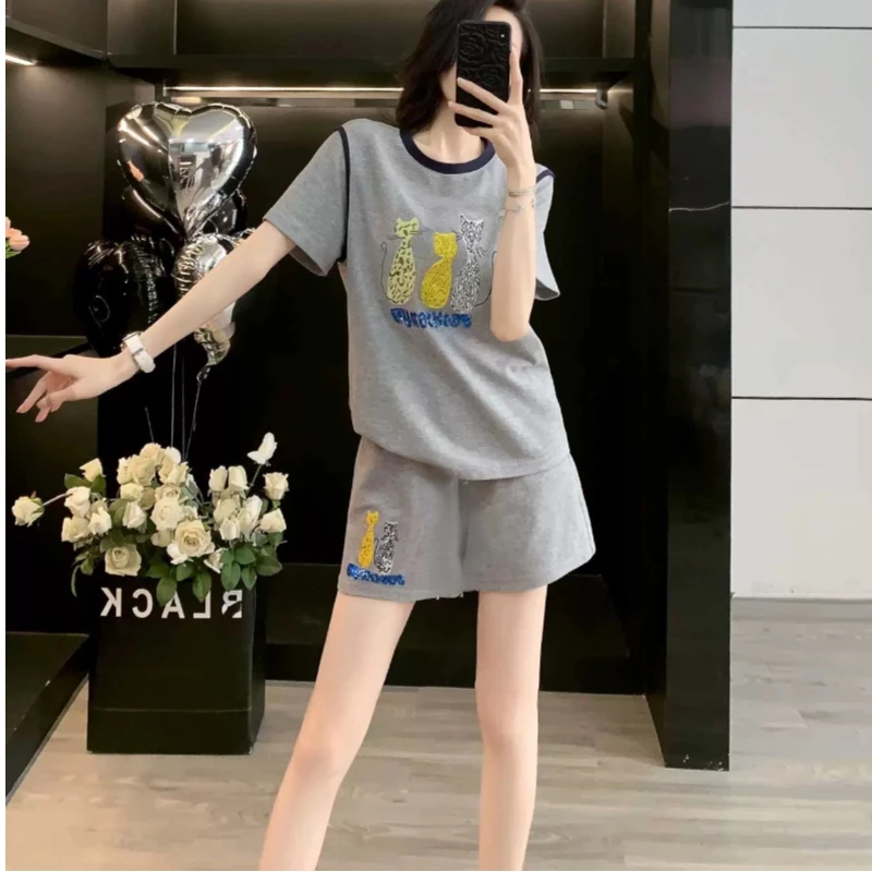 胸垫版睡衣女夏款纯棉短袖短裤韩版可外穿家居服套装（背影小猫）