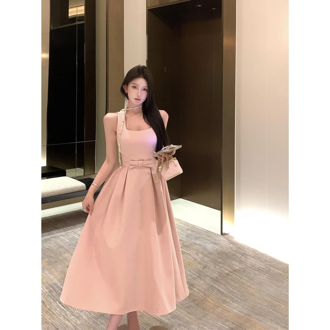 蝴蝶结法式吊带连衣裙女夏季礼服裙黑色修身裙子气质收腰a字长裙