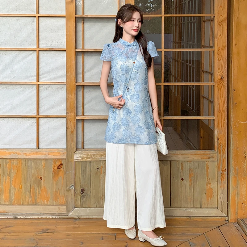 新中式国风优雅气质温柔风时尚套装女装茶服宽松裤子文艺两件套