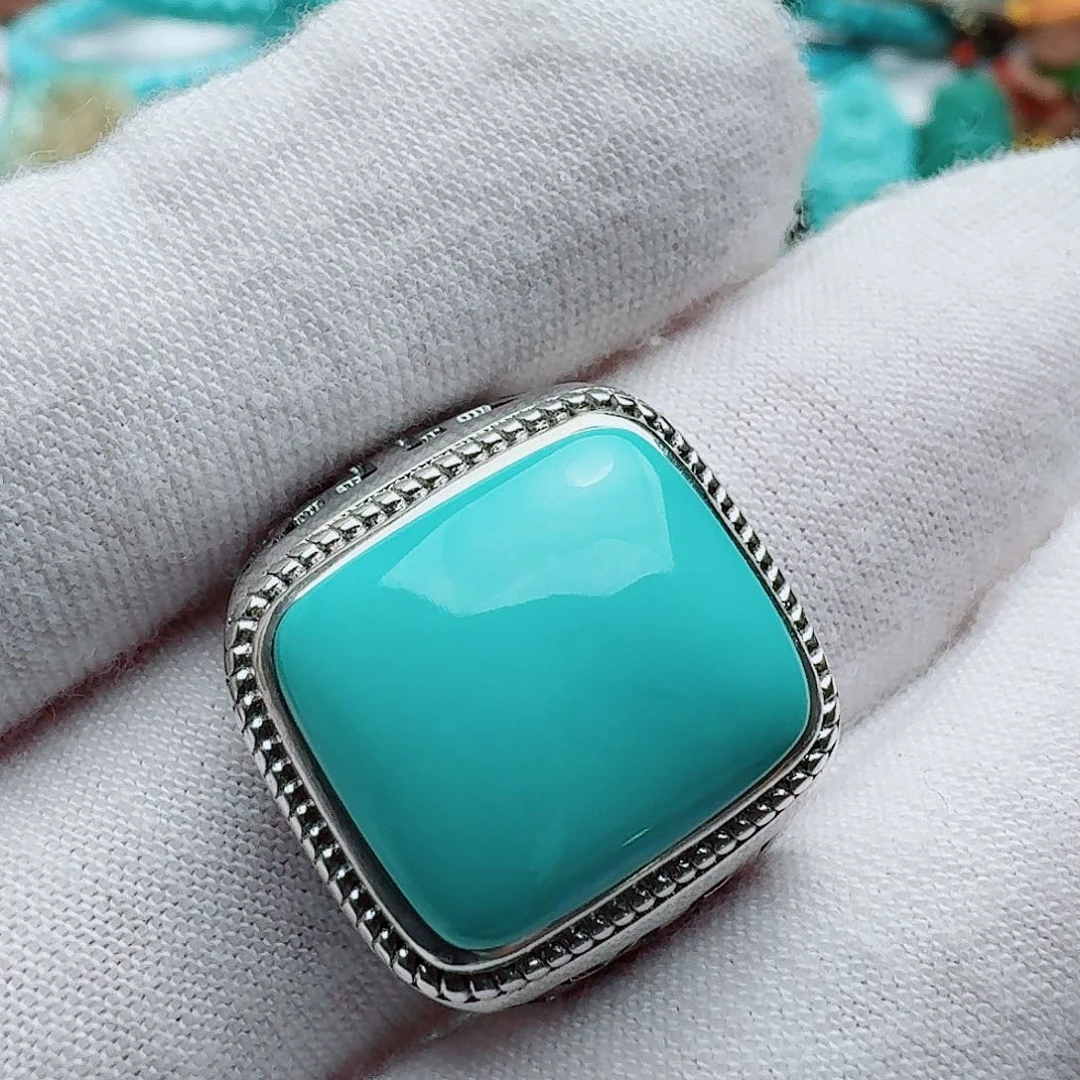 绿松石银S925镶嵌配饰饱满极极洁净方糖戒指