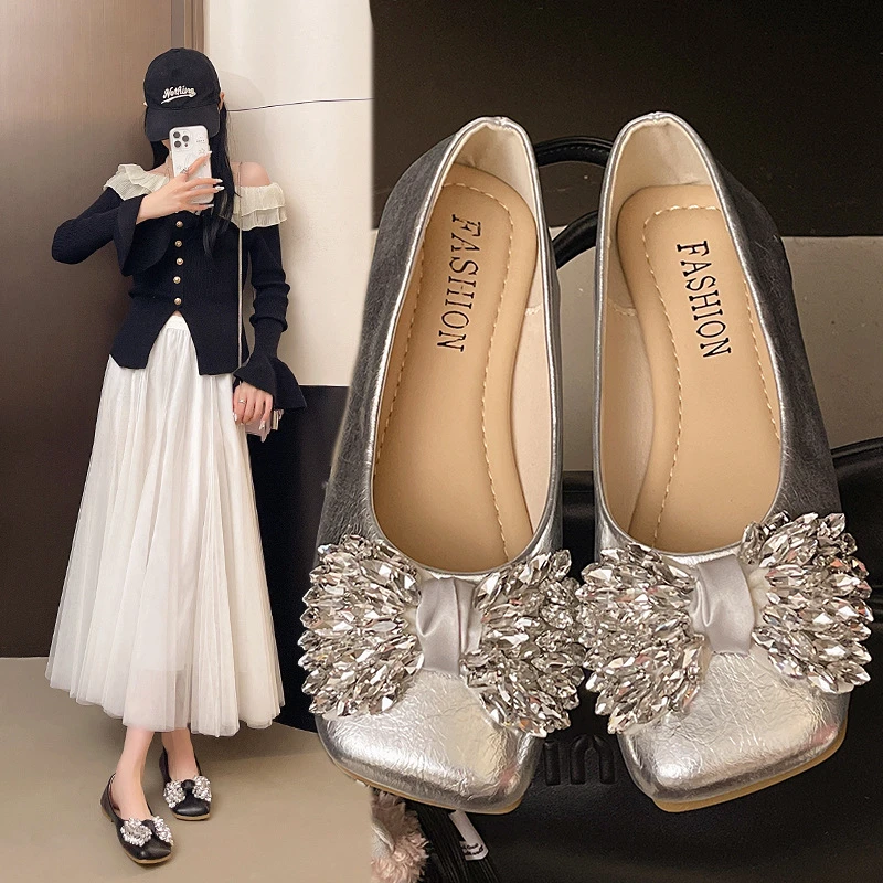 法式轻奢水钻单鞋女2025新款平底通勤孕妇豆豆鞋配裙子晚晚鞋批发