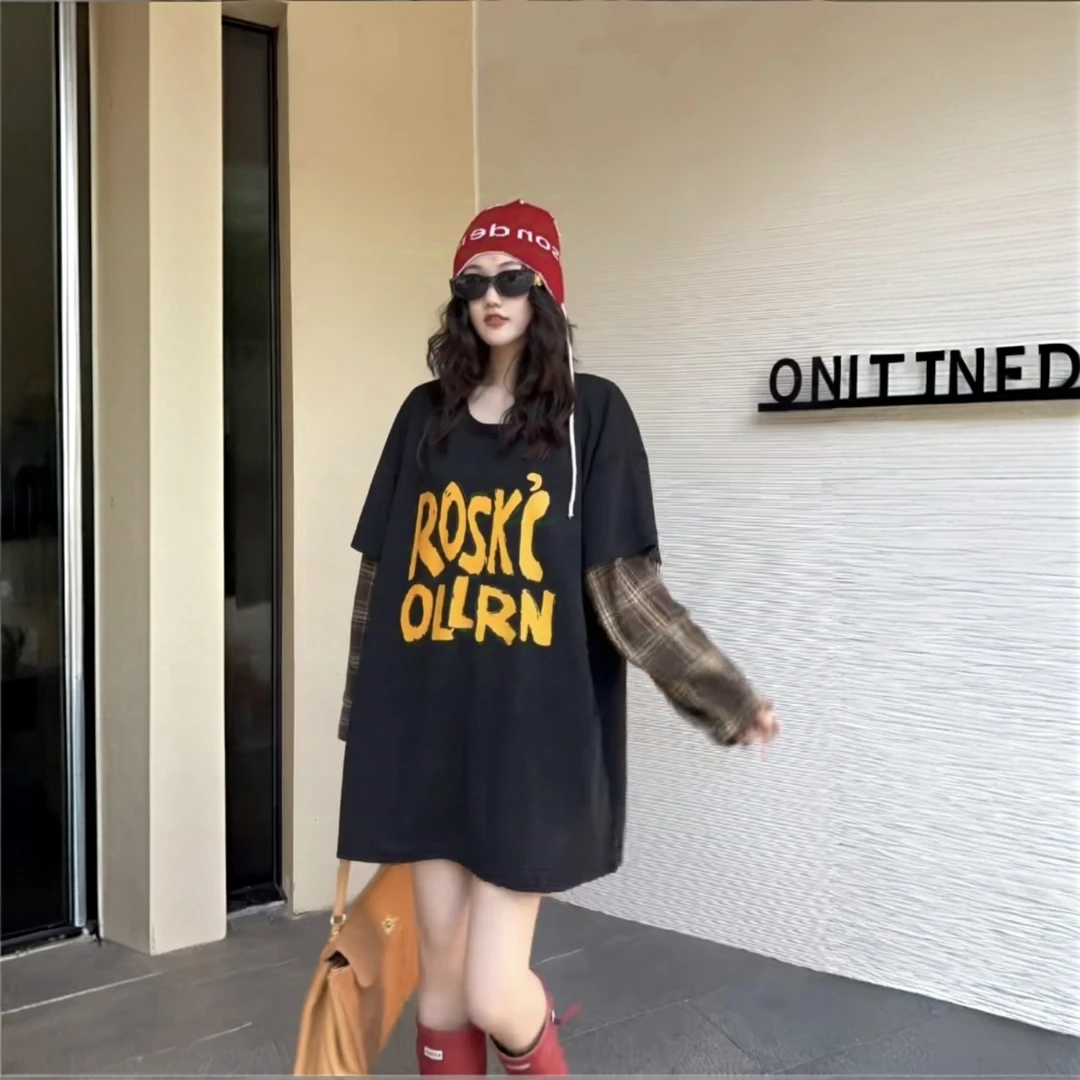 2025秋季新款胖MM大码字母图案拼接格子宽松显瘦假两件长袖T恤