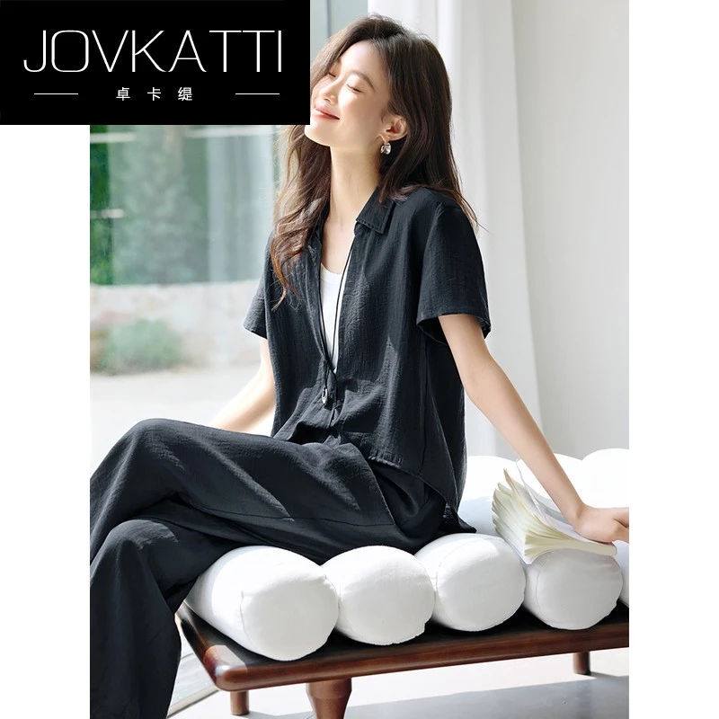 时尚休闲轻生活质感通勤两件套2025夏季新款扭结衬衫长裤套装女