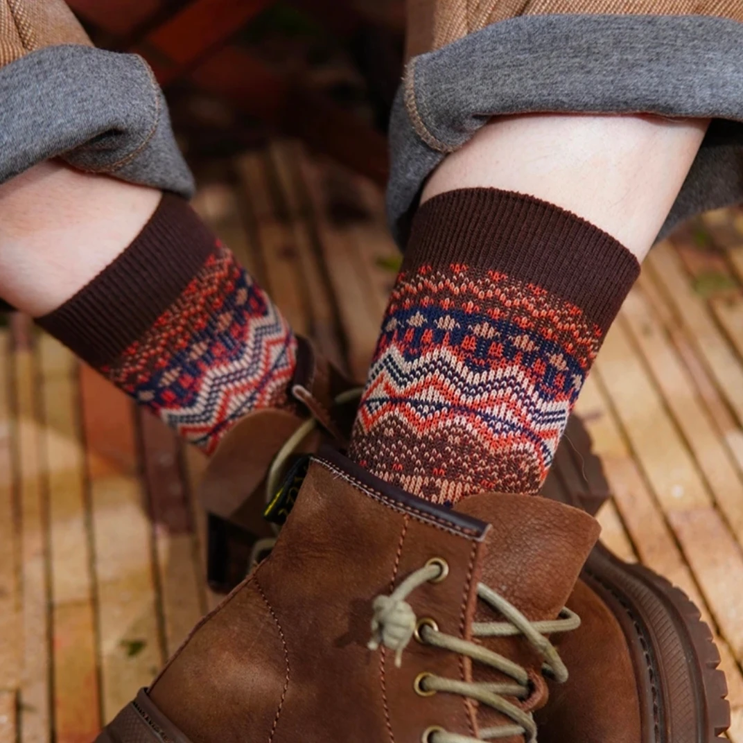 袜子女秋冬菱格精梳棉复古咔叽风中筒袜精梳棉无骨高端文艺女长袜