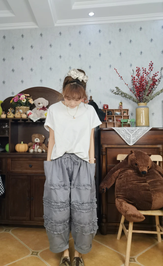 新款水洗棉纯色休闲百搭花边裤