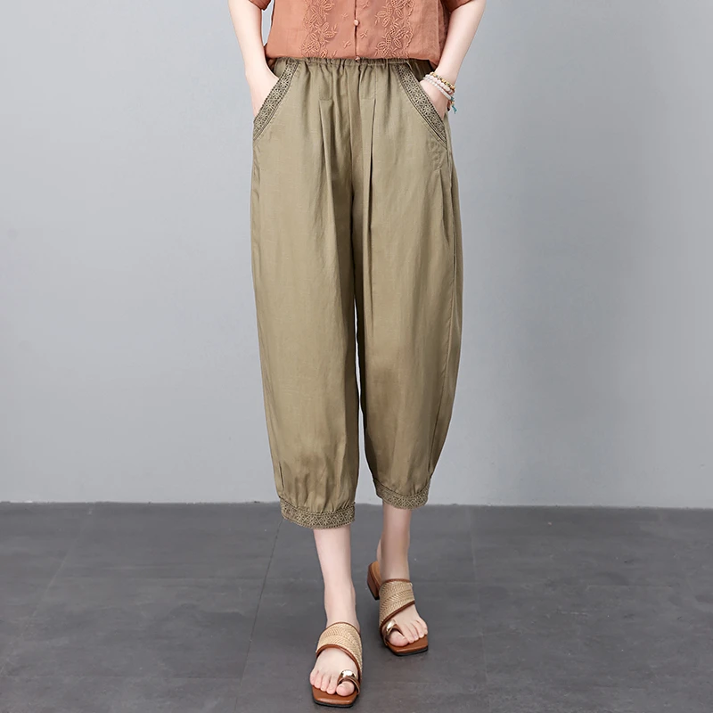 天丝亚麻花边裤中年妈妈装夏季薄款2025新款时尚百搭洋气减龄裤子