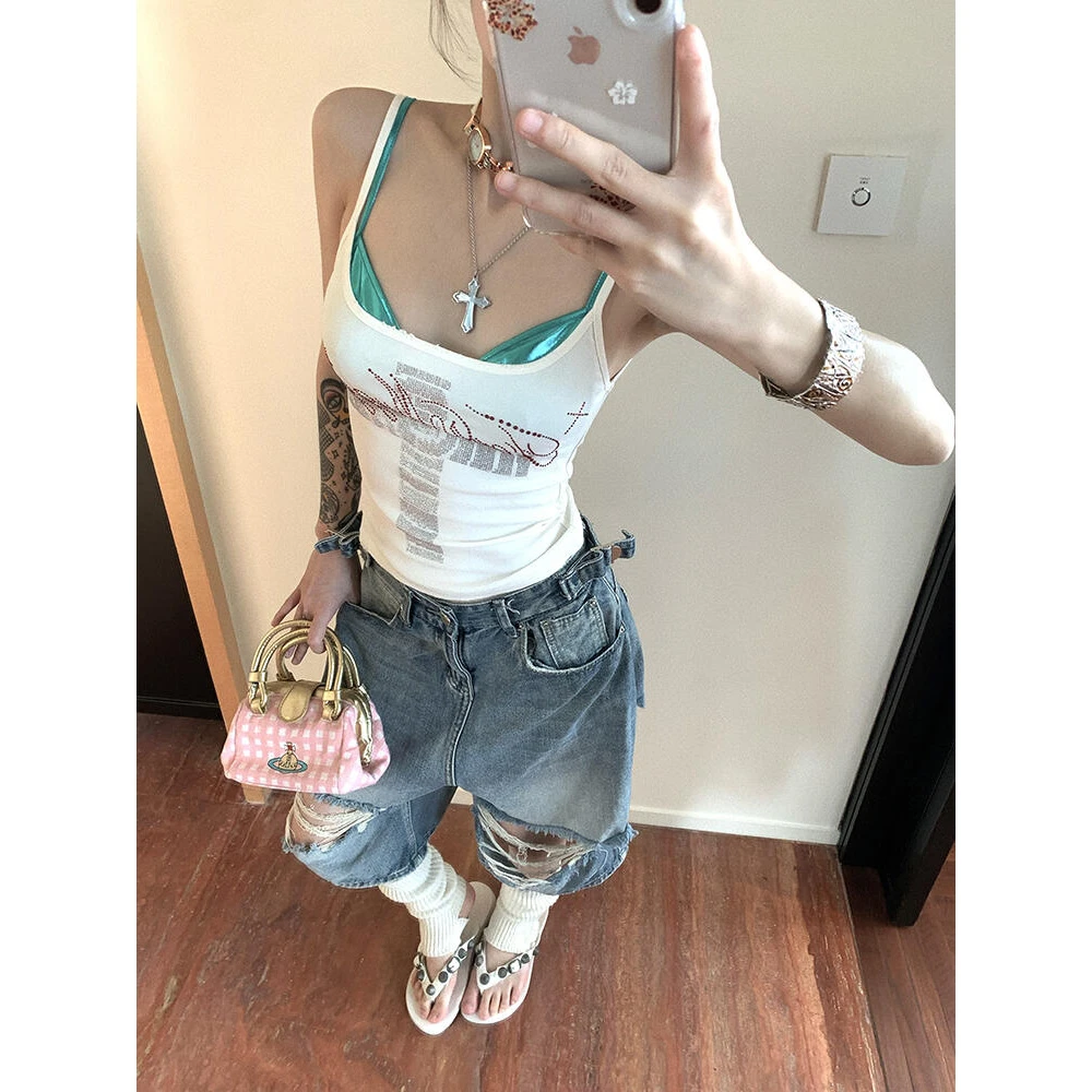 美式辣妹风甜酷字母烫钻吊带背心夏季新款纯棉修身显瘦无袖上衣潮