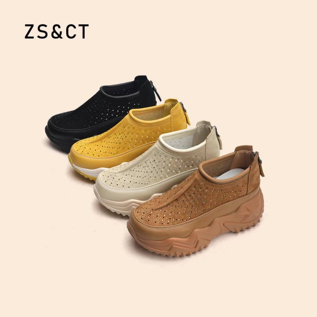 2025春夏季真皮透气凉鞋女单鞋百搭厚底增高7CM镂空洞洞休闲鞋