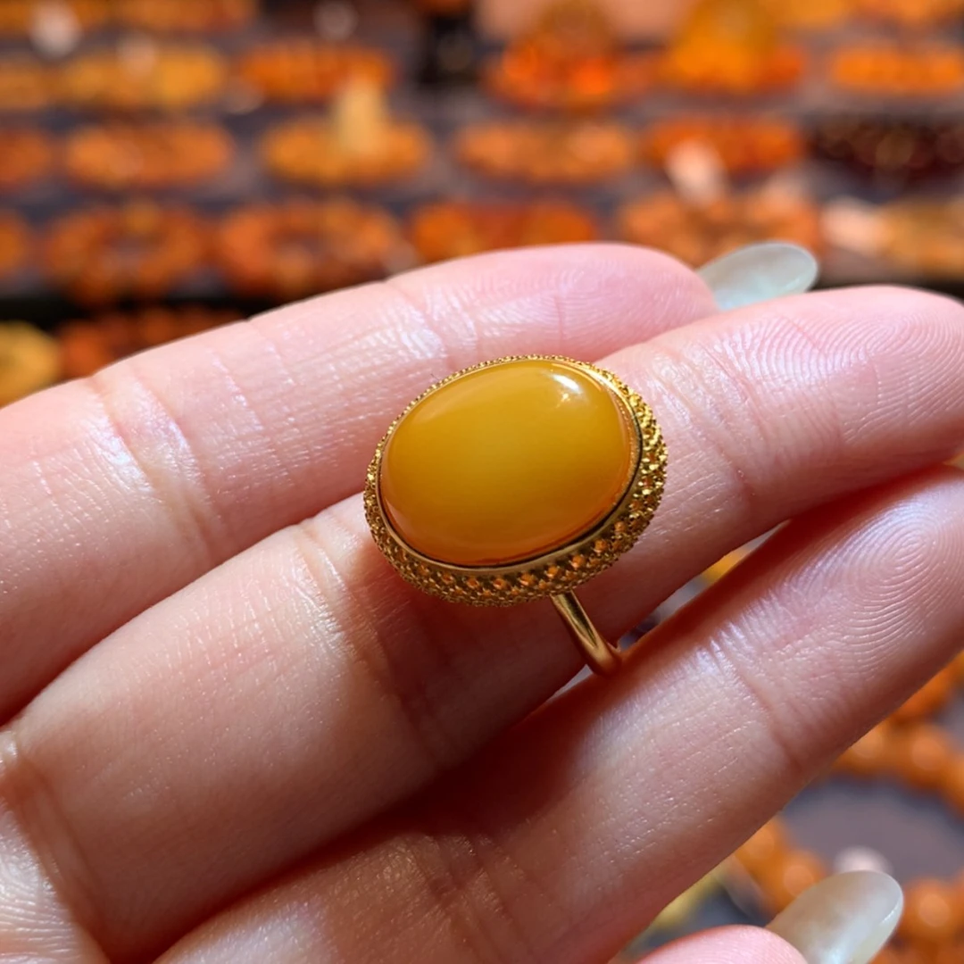 【闪购商品】银S925镀金镶嵌蜜蜡戒指蜜蜡戒指