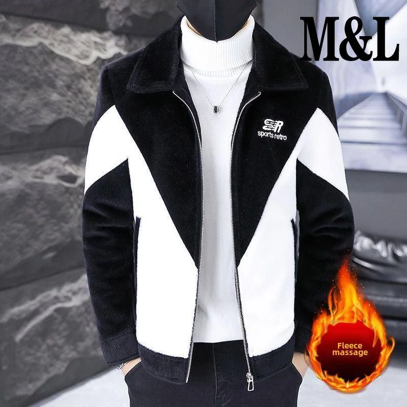 【澳门&专柜】冬装潮牌彷水貂绒外套男翻领加绒加厚夹克痞帅气拼