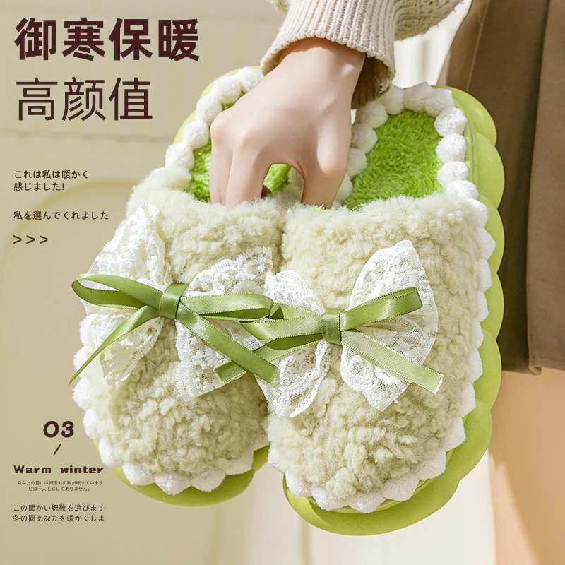 秋冬季棉拖鞋女居家日用待客保暖防滑厚底加绒外穿时尚蝴蝶结棉拖