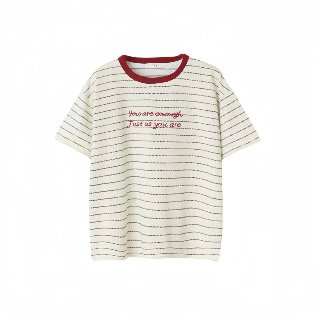 2025夏季圆领韩版条纹字母刺绣T恤显瘦撞色短袖圆领女士上衣6987