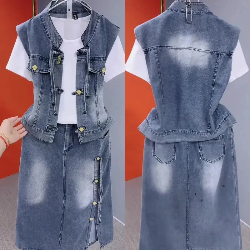 （马甲+裙子+短袖）夏款中式国风牛仔套装女时尚宽松显瘦盘扣三件套