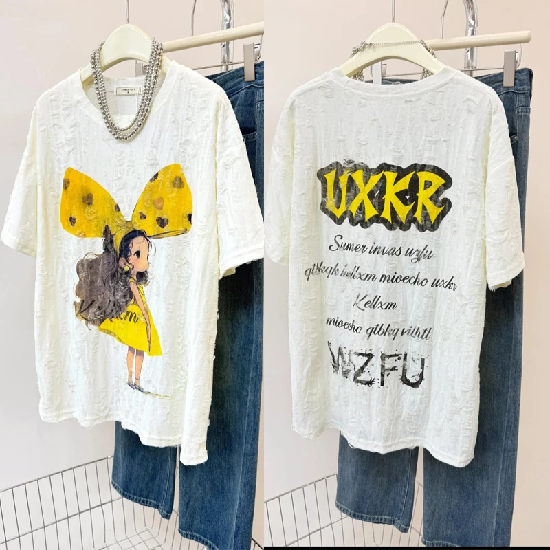 小个子中长款T恤女宽松短袖可爱女孩韩版慵懒风零手感水印图案