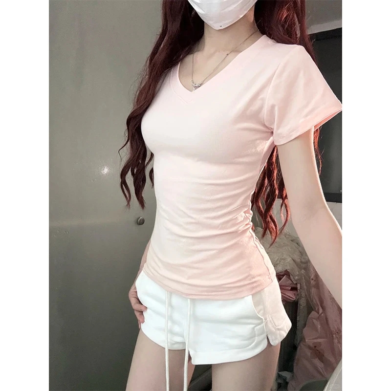 粉色V领正肩短袖t恤女夏2025新款纯棉修身显瘦上衣多巴胺穿搭半袖