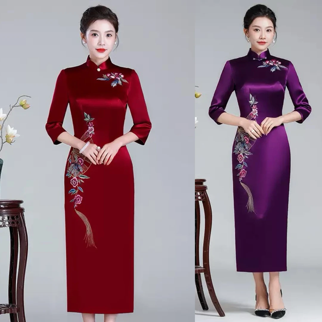 【正品苏绣】旗袍进口三醋酸高档修身旗袍喜婆婆婚宴旗袍妈妈礼服L