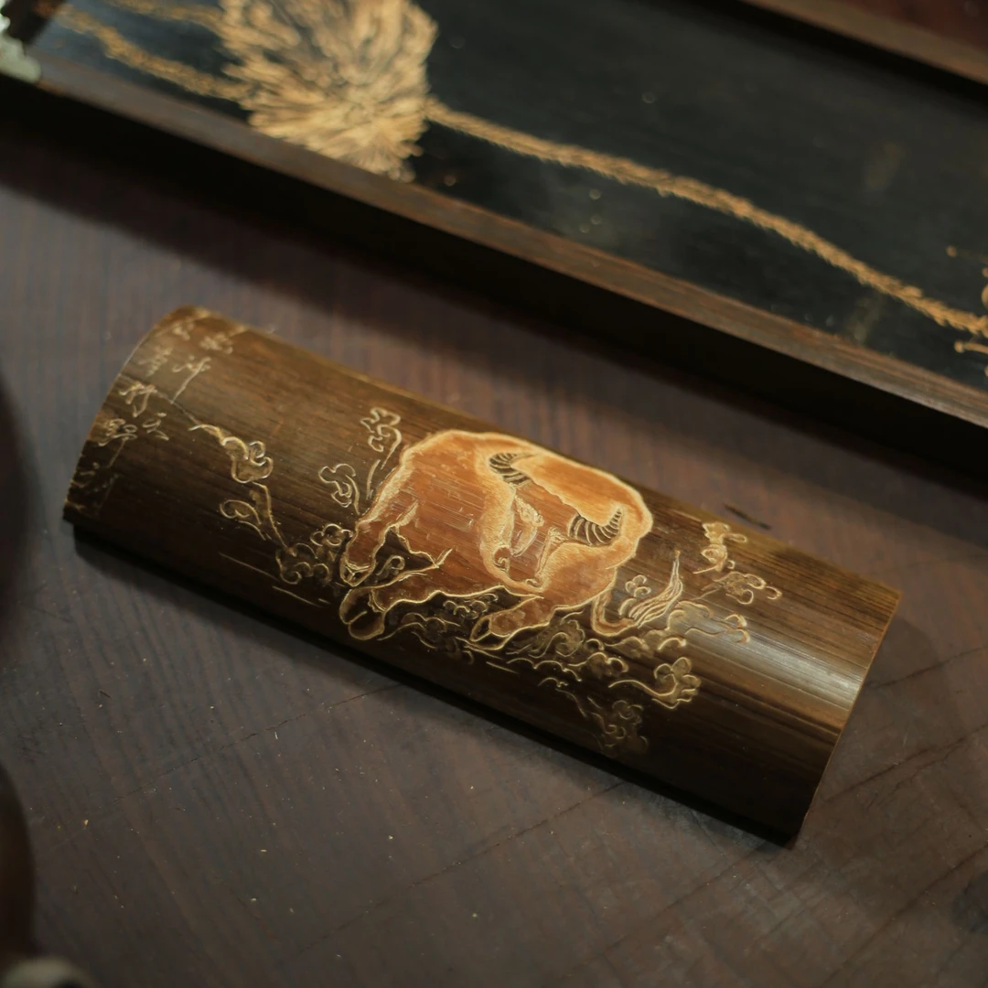 【牛气冲天】手雕茶则老竹雕刻手工赏茶荷套组茶道功夫茶具配件