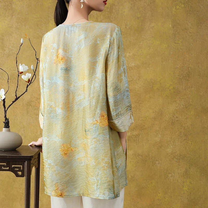 气质双层宽松型T恤印花V领复古新中式吸汗唐装中长款夏季复古印花