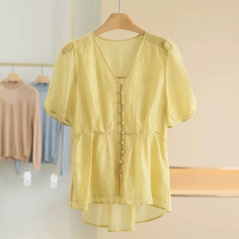 27231短袖V领夏季多扣短袖女衬衫时尚收腰上衣
