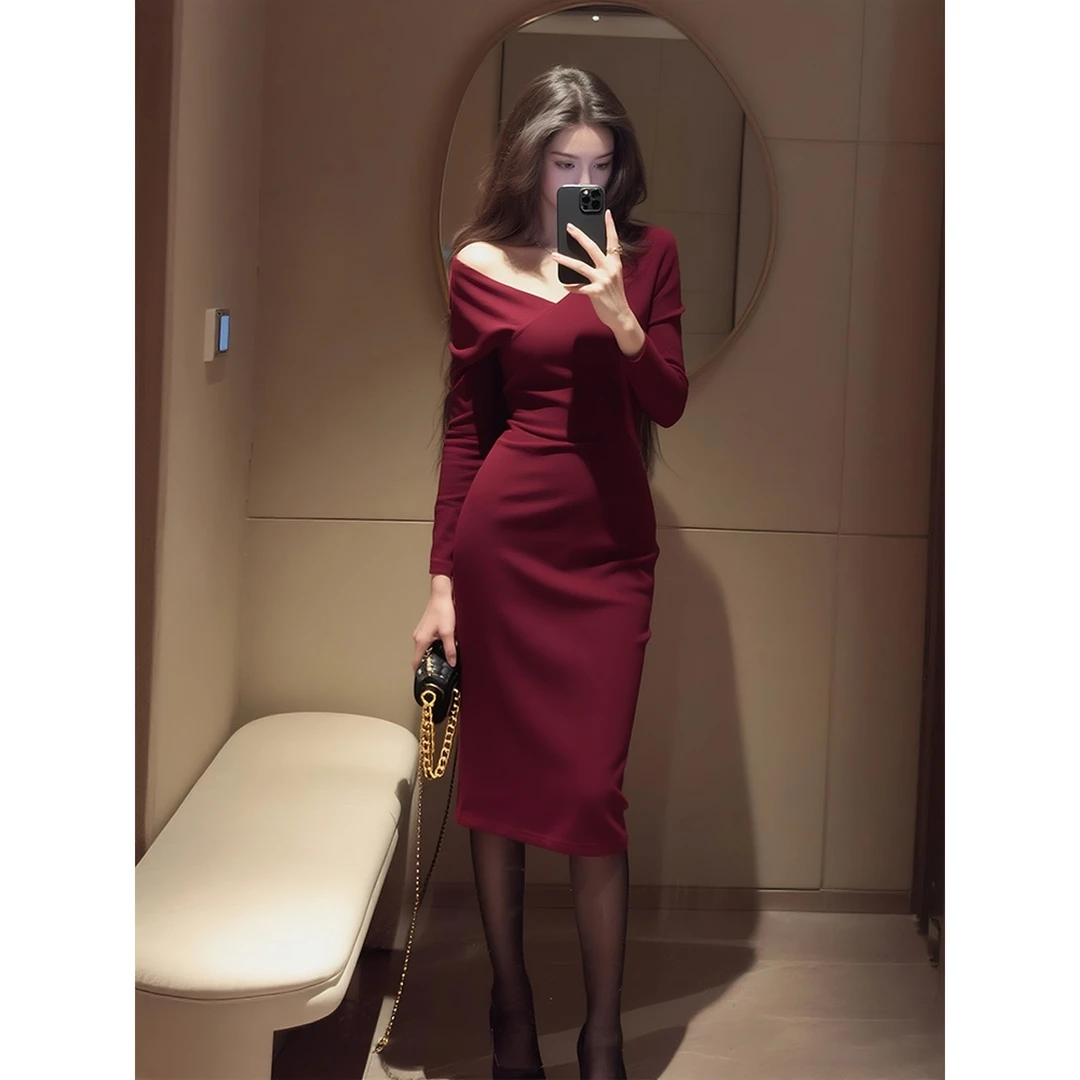 秋季流行气质女神范轻奢高级感出席重要场合巨好看红色斜肩连衣裙