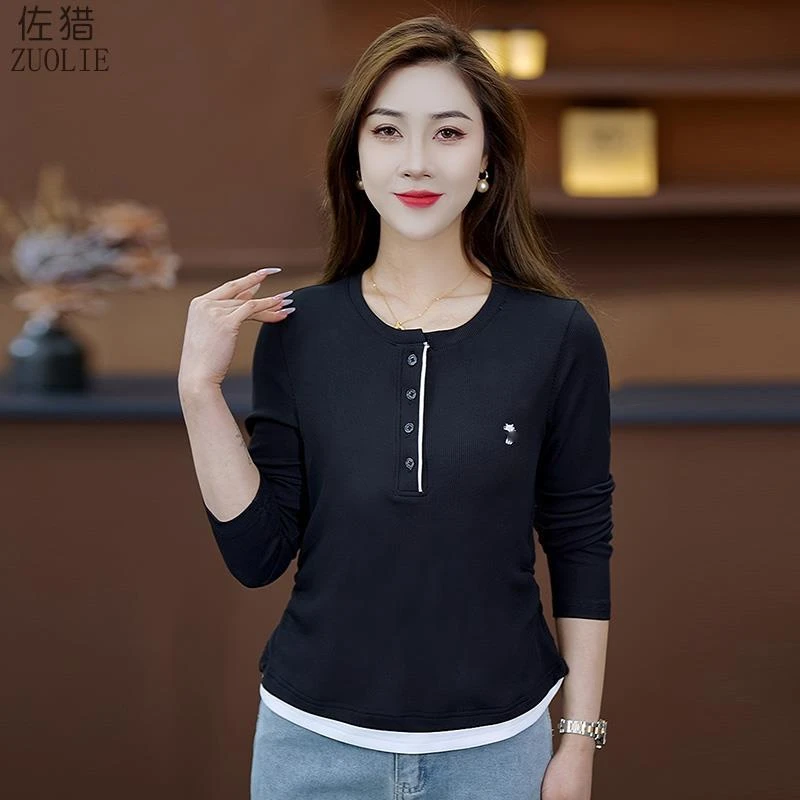 刺绣拼色半开领2025春季新款长袖T恤女百搭假两件打底衫收腰上衣