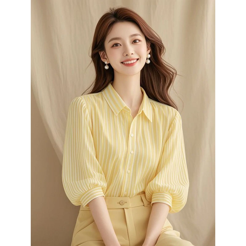 夏季2025新款法式绝美小上衣高级感气质七分灯笼袖黄色条纹衬衫女