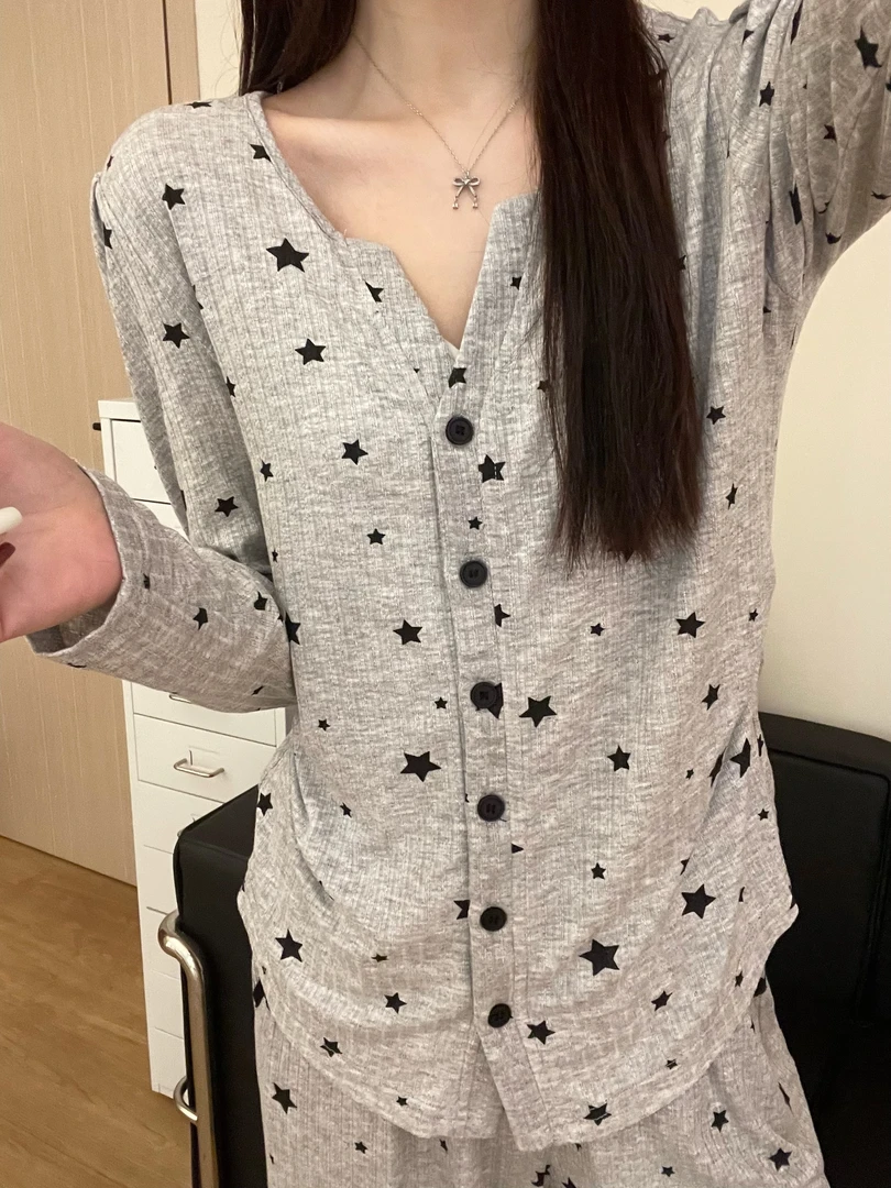 【DMXJ大梦想家】长袖长裤星星睡衣女春秋2025新款针织棉家居服套装