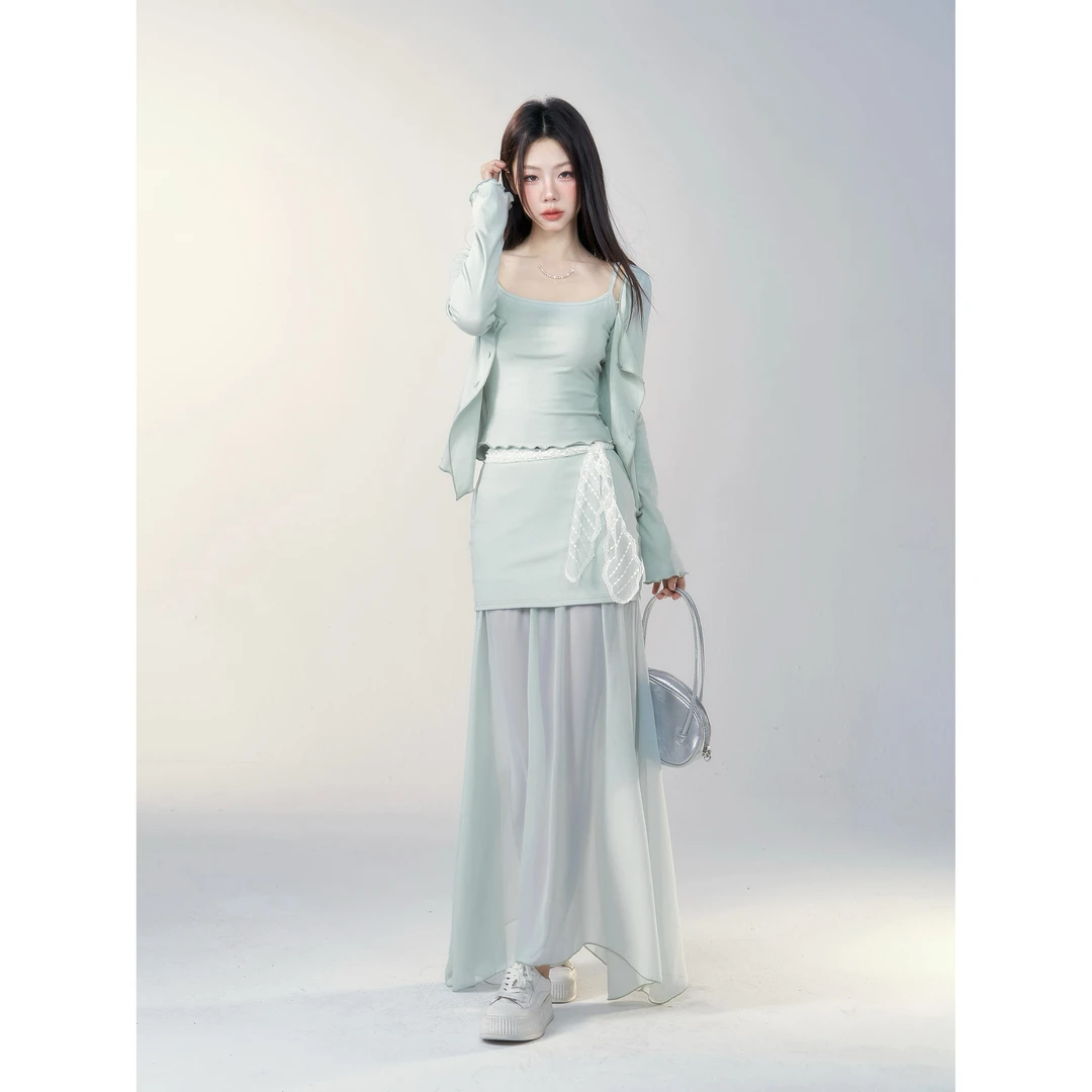 【小野莓】春夏气质纯欲方领设计感修身显瘦薄荷色三件套装BS87468