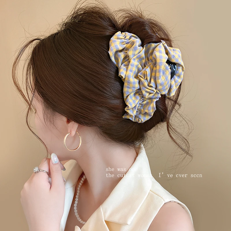 韩系格纹抓夹大号鲨鱼夹2025新发量大高级感气质云朵发夹女后脑勺