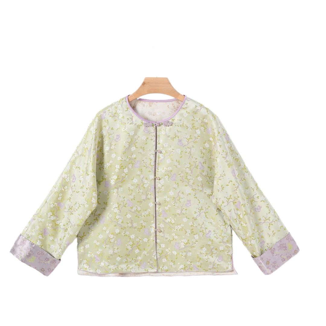 【熹宁】中式桑蚕丝宽松时尚上衣圆领对襟国风外套2416566