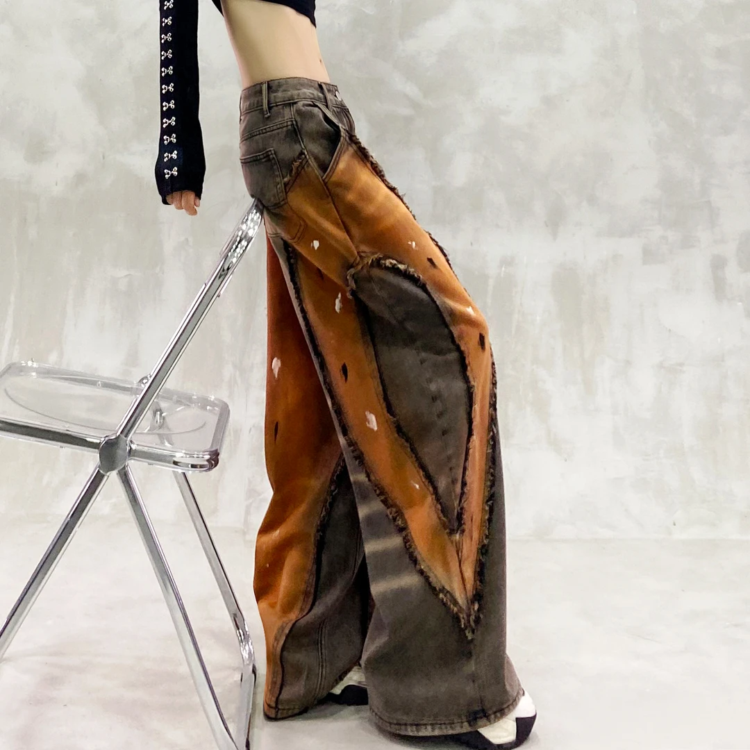 毛边拼接设计彩绘工艺牛仔裤女秋新款高腰宽松显瘦百搭直筒阔腿裤