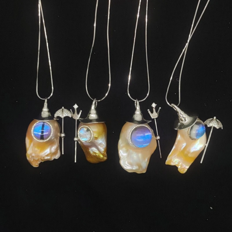 925纯银链纯手工真大蓝闪蝶翅膀吊坠项链大法师vintage珍珠巴洛克