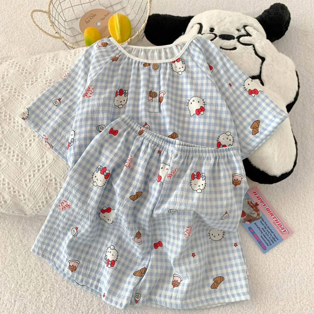 夏季云朵棉格子卡通凯蒂猫印花睡衣新款儿童宝宝女童家居圆领薄款
