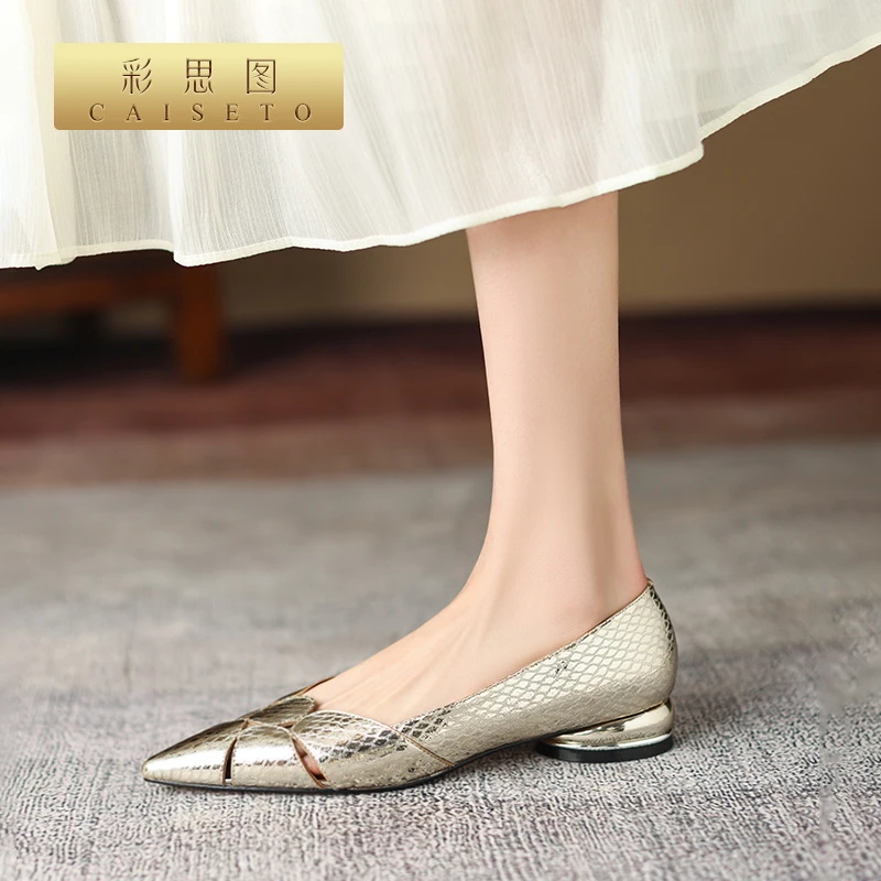 CAISETO/牛皮/2cm/春款镂空单鞋女平底尖头软底百搭浅口瓢鞋D127