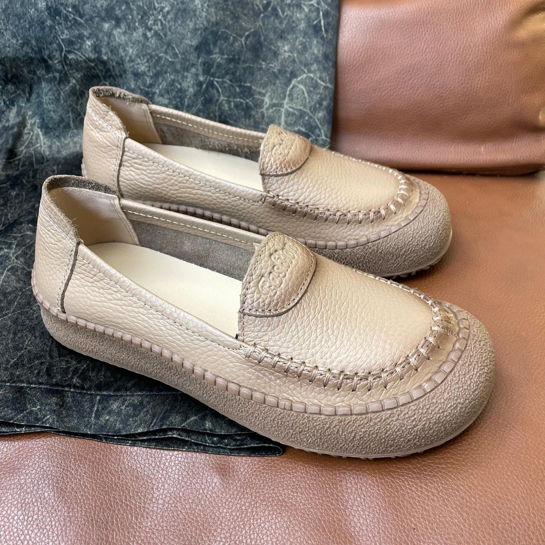 新款牛皮浅口女单鞋圆头防滑中老年奶奶懒人鞋复古软底皮鞋豆豆鞋