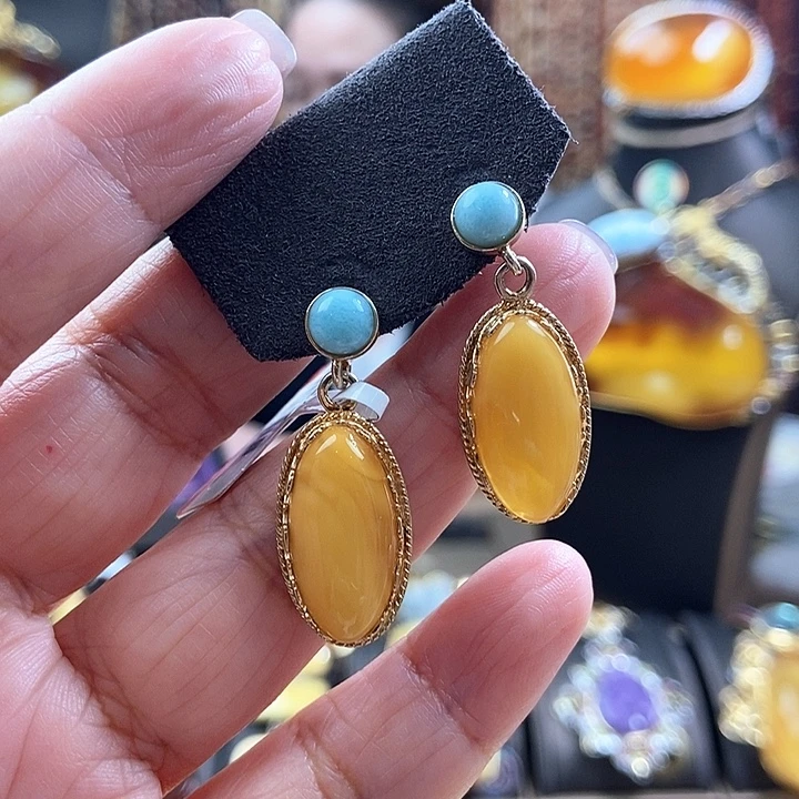 琥珀银S925镶嵌耳饰耳环