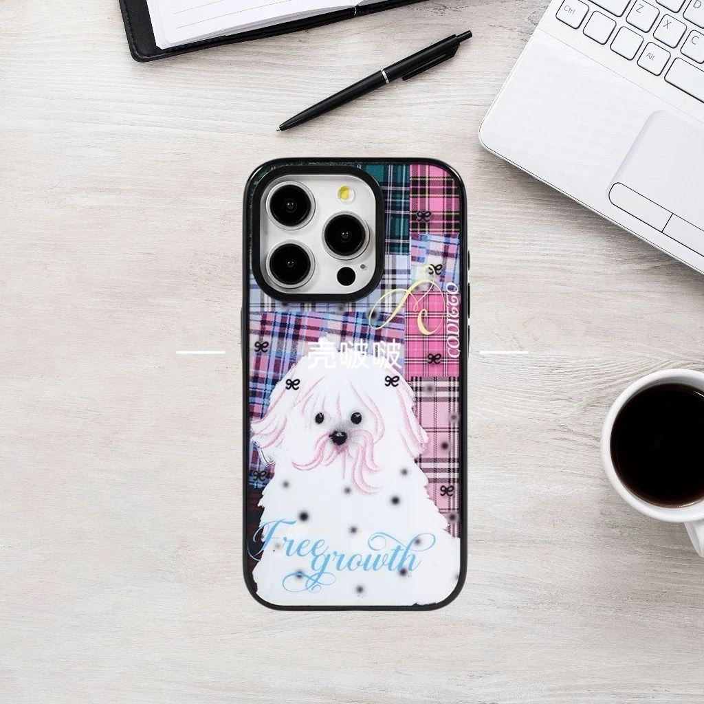 格纹波点狗狗网红款16pro手机壳适用苹果11/12/13/14/15硅胶软黑