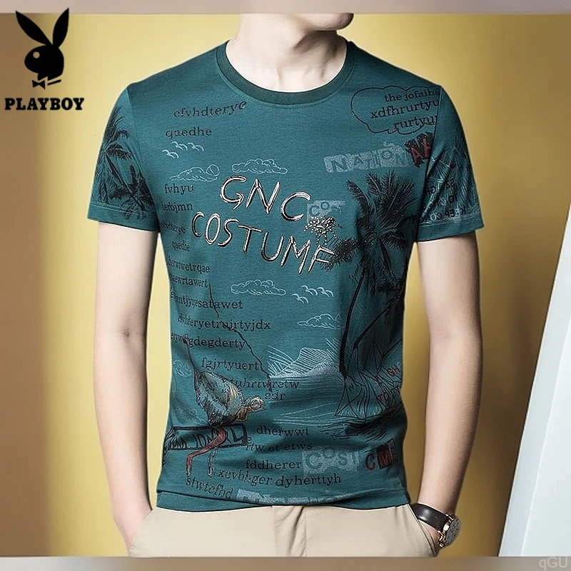 花花公子丝光棉休闲半袖爆款圆领男士高档T夏季男士短袖T恤新款